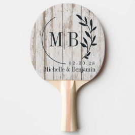 Vit Tvättade Träskivor Blad Bröllopsmonogram Pingisracket