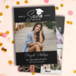 Vit typografi Foto Studenten Spara datum Spara Datumet<br><div class="desc">Svart studenten på dubblan sparar datumkortet med en typografisk design och ett foto av student. Lägg till ytterligare tre foton på baksidan i en ren kollage. Studenten sparar personligen för datummallskort med svarta bilder med vit text. Be dina vänner och familjemedlemmar att spara datumet för student med det här platta...</div>