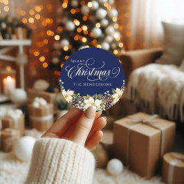 Vit typografi Jul Poinsettia blue Runt Klistermärke