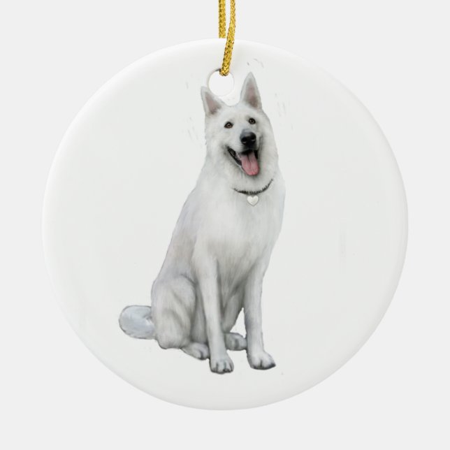 Vit tysk schäferhund julgransprydnad keramik (Framsidan)