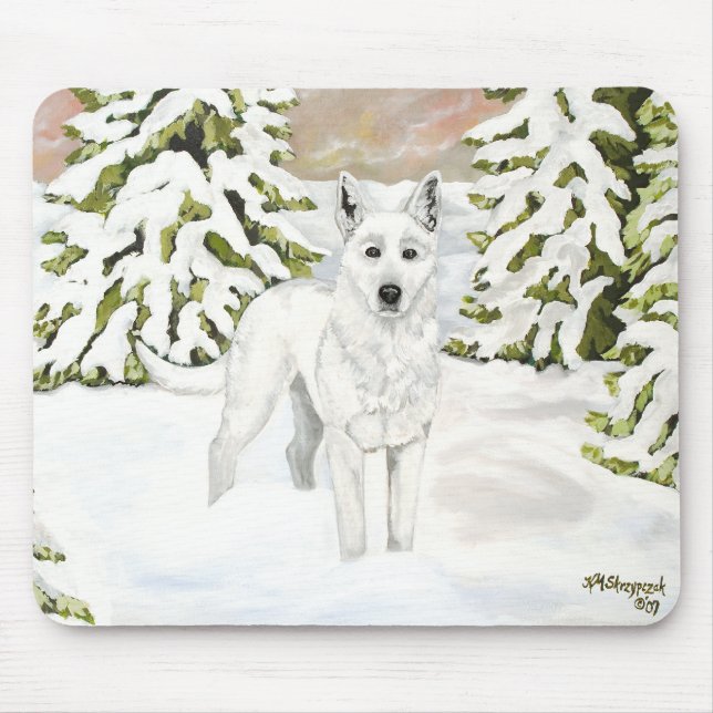 Vit tysk shepherd i Winter Snö Mouse Pad Musmatta (Framsidan)