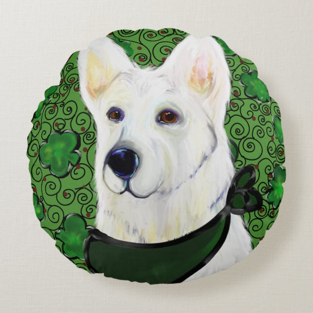 Vit tysk shepherd St. Patty Rund Kudde (Framsidan)