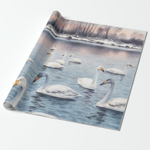 Vit tyst svan på sjö. Vattenfärgmålningsfärger Presentpapper