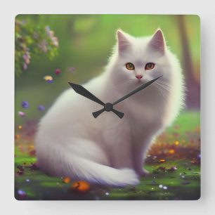 Vit, vacker fluffy-katt fyrkantig klocka