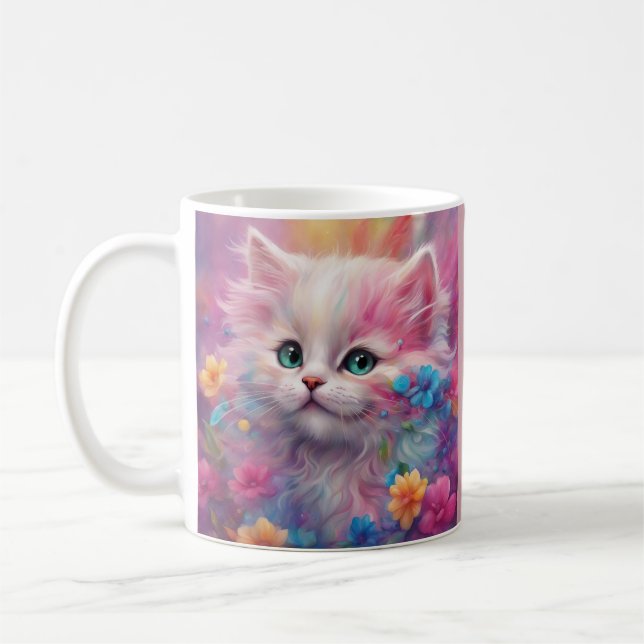 Vit, vacker fluffy-katt kaffemugg (Vänster)