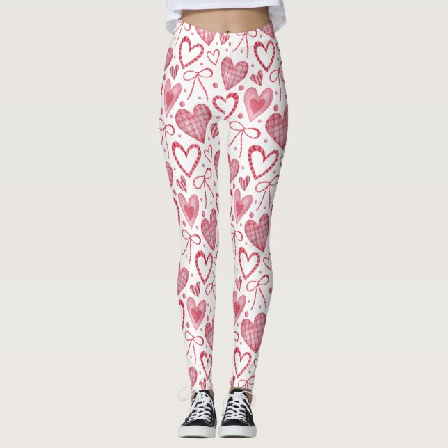 Vit vacker Valentines day Hearts Mönster Rosa Leggings (Framsida)