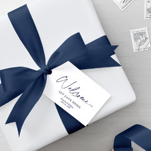 Vit välkomstMärkre med Dusty Blue-Blommigtar Presentetikett