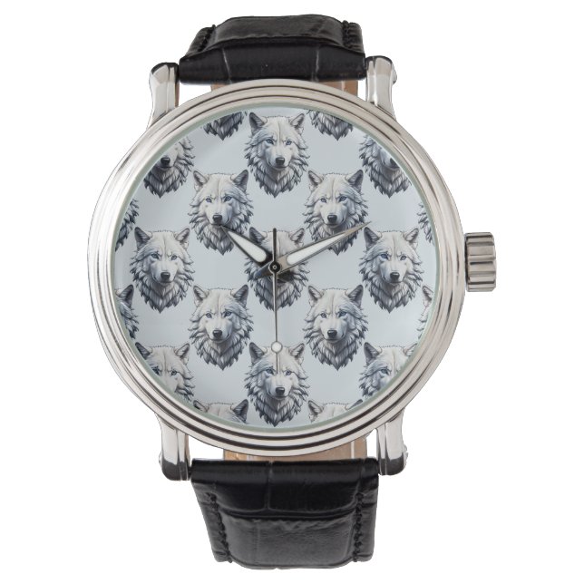 Vit Varg huvud Mönster Design - vit Armbandsur (Framsida)