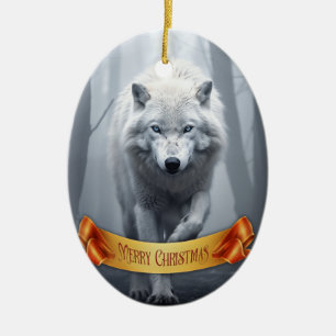 Vit Varg i Foggy Forest Julgransprydnad Keramik