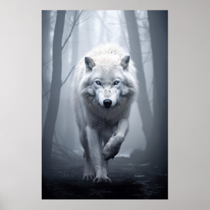 Vit Varg i Foggy Forest Poster