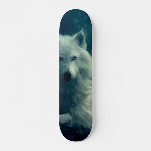 Vit varg i nattskogen mini skateboard bräda 18,5 cm (Framsida)