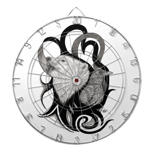 Vit Varg med Raven Tribal Art Darttavla (Framsidan)