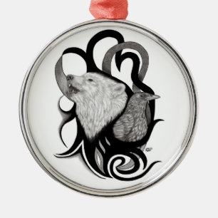 Vit Varg med Raven Tribal Art Julgransprydnad Metall