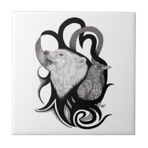 Vit Varg med Raven Tribal Art Kakelplatta
