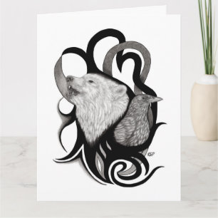 Vit Varg med Raven Tribal Art Kort