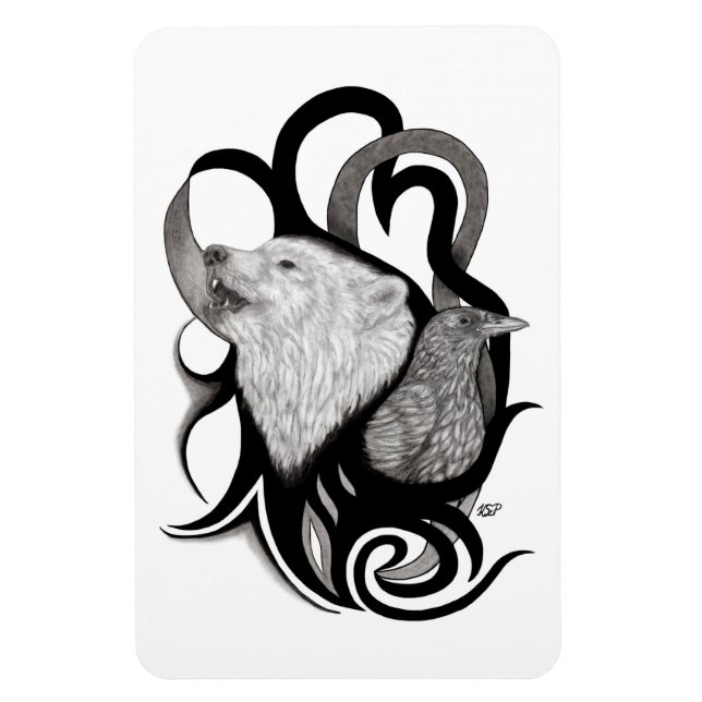 Vit Varg med Raven Tribal Art Magnet (Vertikal)