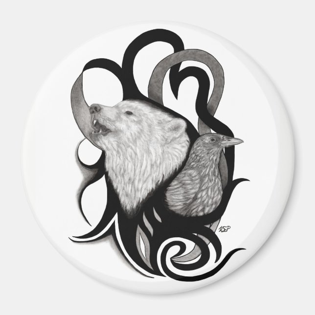 Vit Varg med Raven Tribal Art Magnet (Framsidan)