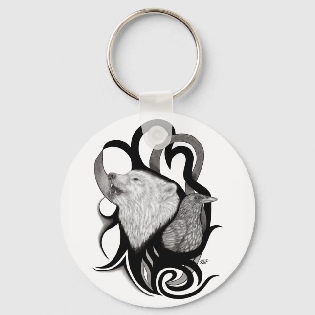 Vit Varg med Raven Tribal Art Nyckelring (Framsida)