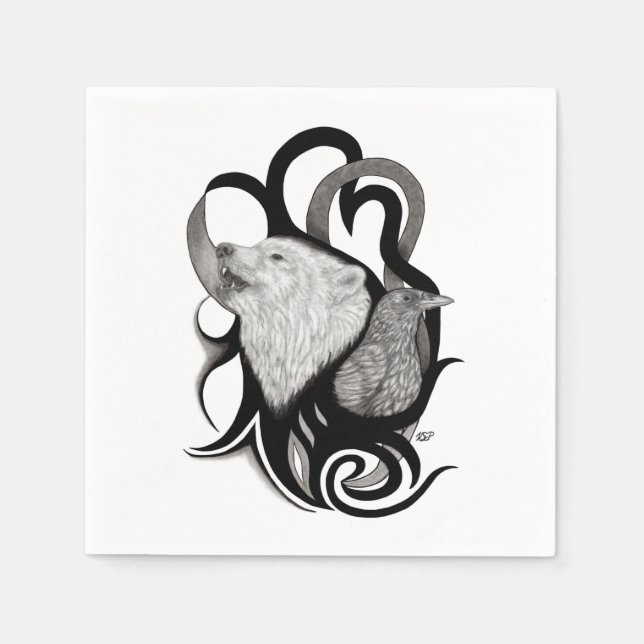 Vit Varg med Raven Tribal Art Pappersservett (Framsidan)