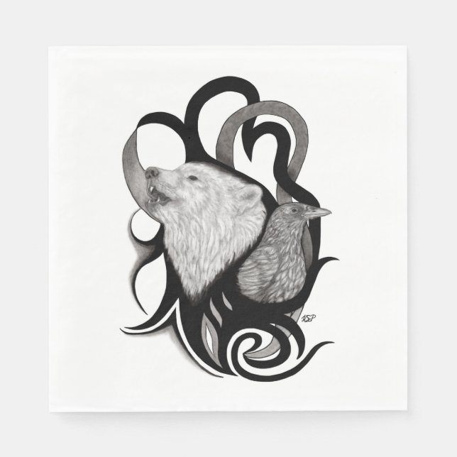 Vit Varg med Raven Tribal Art Pappersservett (Framsidan)