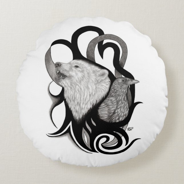 Vit Varg med Raven Tribal Art Rund Kudde (Framsidan)