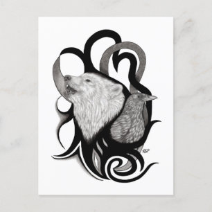 Vit Varg med Raven Tribal Art Vykort