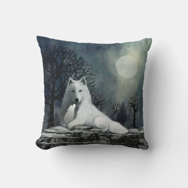 Vit Varg med Valp Pillow Kudde (Framsida)