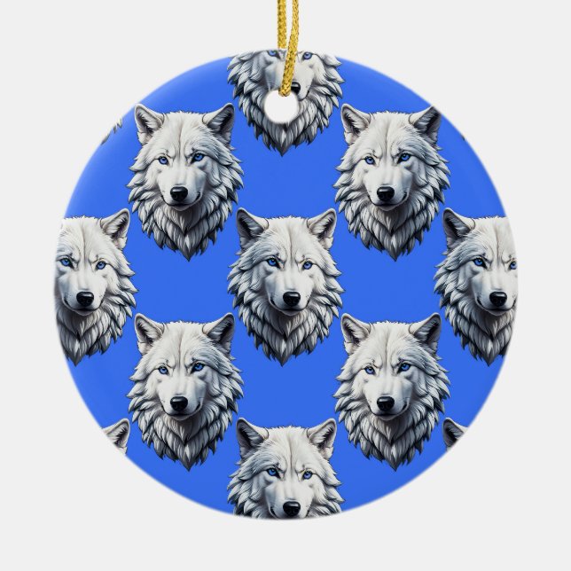 Vit Varg Mönster Design Blue Julgransprydnad Keramik (Framsidan)
