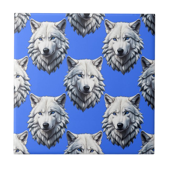 Vit Varg Mönster Design Blue Kakelplatta (Framsidan)