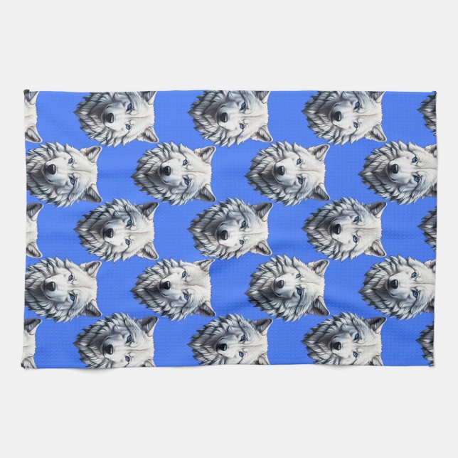 Vit Varg Mönster Design Blue Kökshandduk (Horisontell)