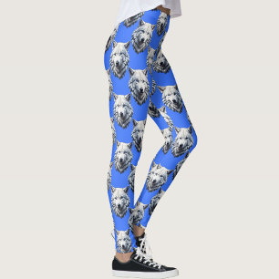 Vit Varg Mönster Design Blue Leggings