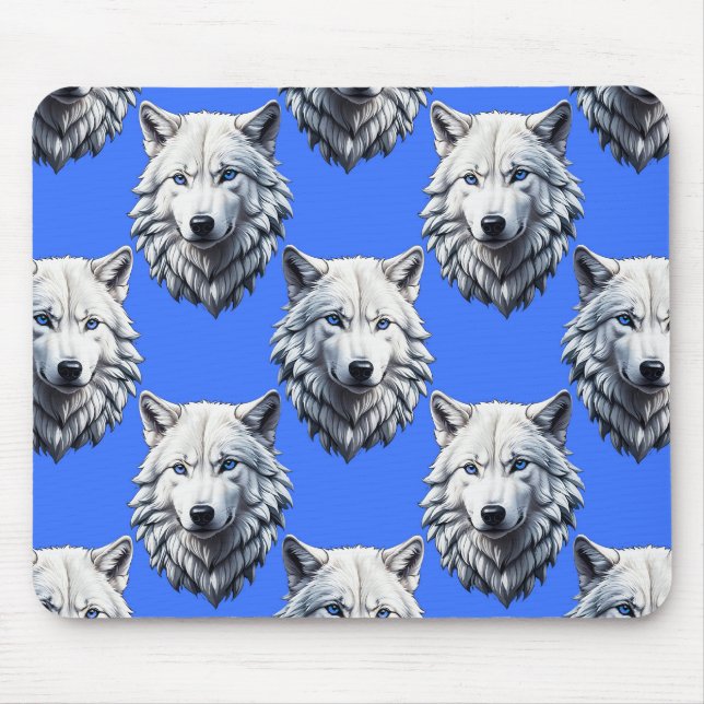 Vit Varg Mönster Design Blue Musmatta (Framsidan)