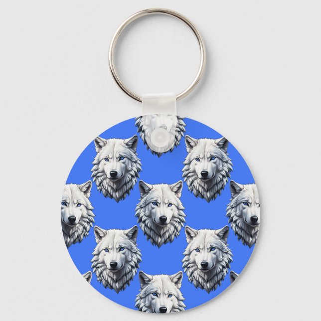 Vit Varg Mönster Design Blue Nyckelring (Framsida)