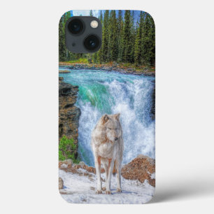 Vit Varg och Rocky Mountain Waterfall Wildlife Art