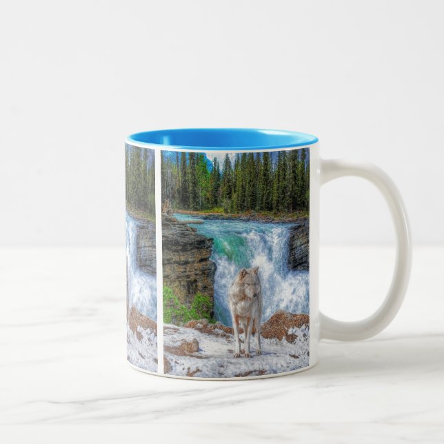 Vit Varg och Rocky Mountain Waterfall Wildlife Art Två-Tonad Mugg (Höger)