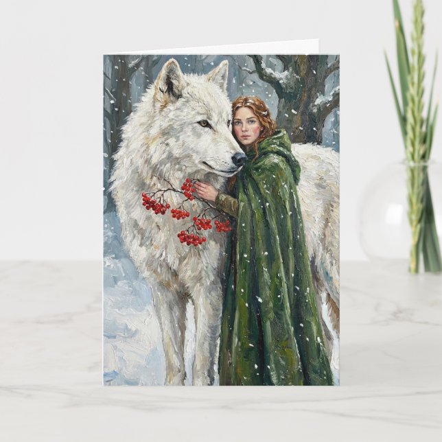 Vit varg rödhårig druid vinterbär Fantasi Ar Kort (Framsida)