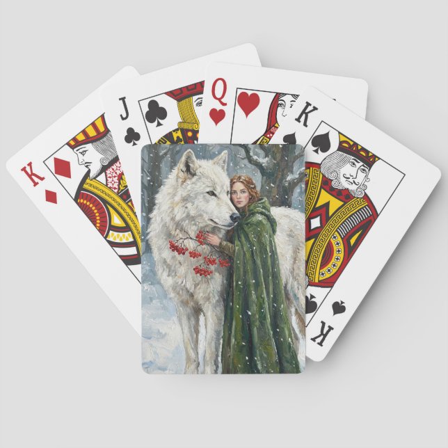 Vit varg rödhårig druid vinterbär Fantasi Konst Casinokort (Baksidan)