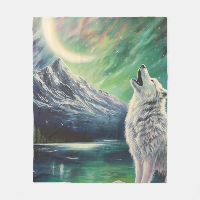 Vit Varg under norra Ljus Blanket Fleecefilt (Framsidan)