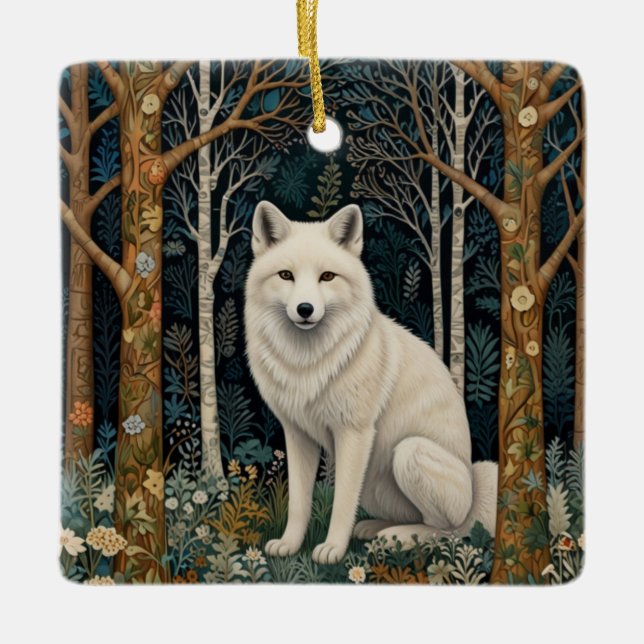 Vit varg vintage boho skog  julgransprydnad keramik (Framsida)