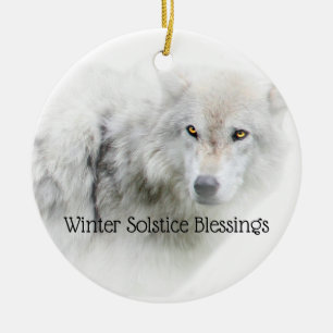 Vit Varg Vinter Solstice Blessings Julgransprydnad Keramik