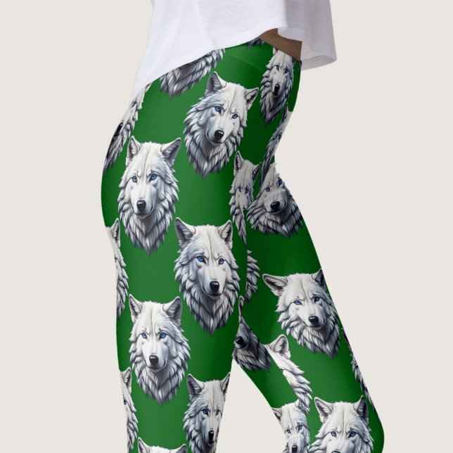 Vit varghuvud mönsterdesign grön  leggings (Skapare uppladdad)