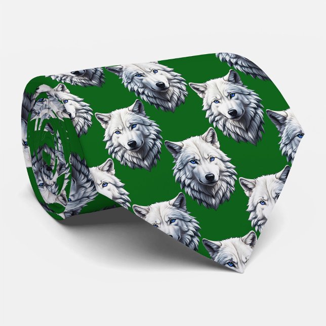 Vit varghuvud mönsterdesign grön  slips (Skapare uppladdad)