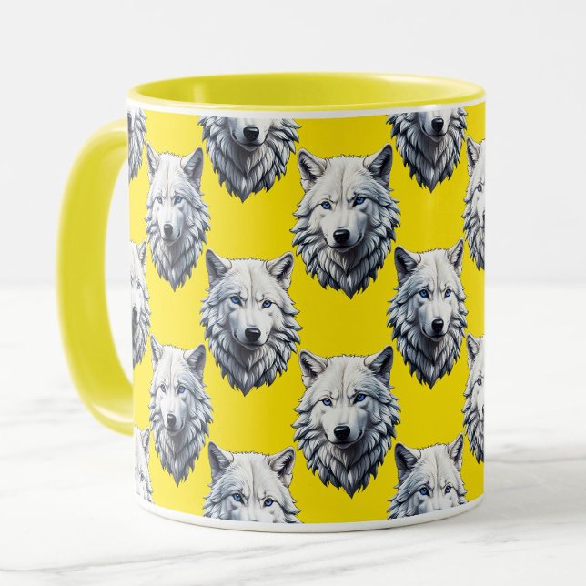 Vit varghuvud mönsterdesign gul  mugg (Skapare uppladdad)