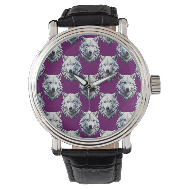 Vit varghuvud mönsterdesign lila armbandsur (Framsida)