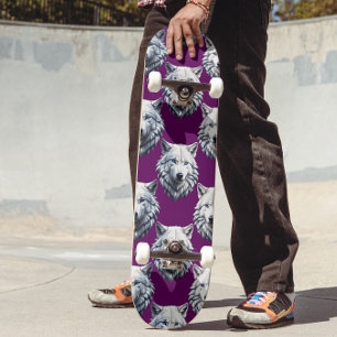Vit varghuvud mönsterdesign lila mini skateboard bräda 18,5 cm