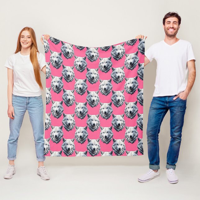 Vit varghuvud mönsterdesign rosa  fleecefilt (Skapare uppladdad)
