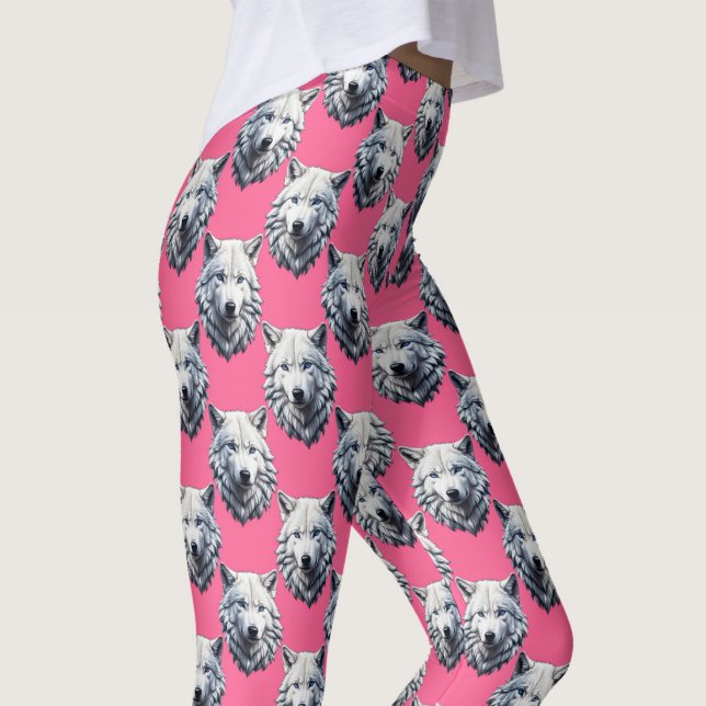 Vit varghuvud mönsterdesign rosa leggings (Skapare uppladdad)