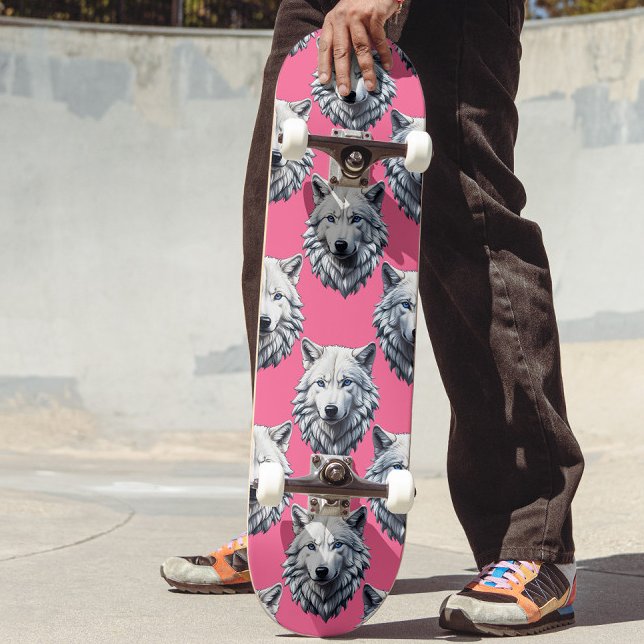 Vit varghuvud mönsterdesign rosa  mini skateboard bräda 18,5 cm (Skapare uppladdad)