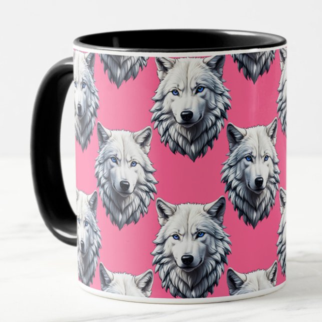 Vit varghuvud mönsterdesign rosa  mugg (Skapare uppladdad)