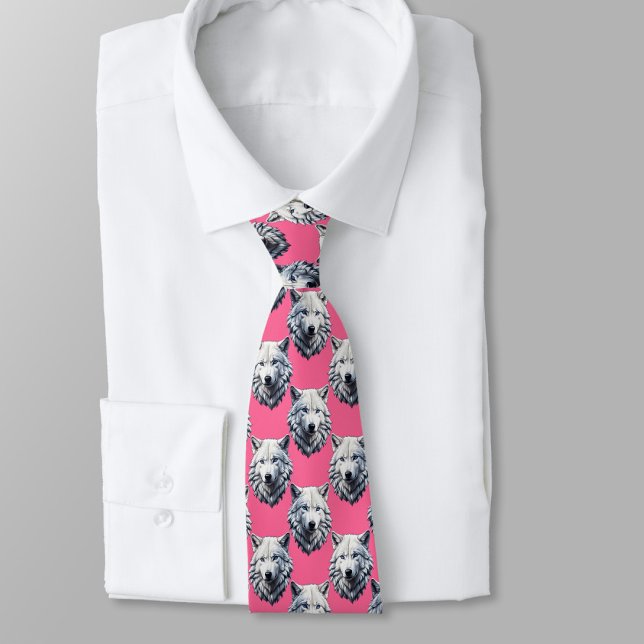 Vit varghuvud mönsterdesign rosa  slips (Skapare uppladdad)